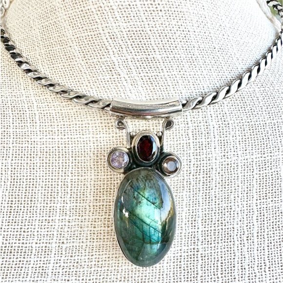 Beautiful lg labradorite pendant amethyst garnet topaz sterling silver stunning - Picture 3 of 7